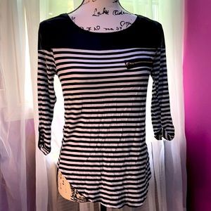 Black and White Striped Blouse with 3/4 Sleeves